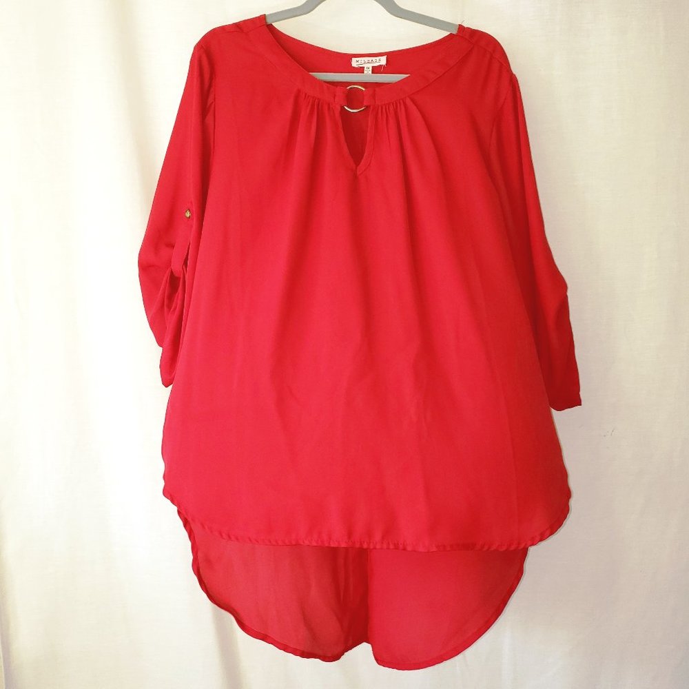 Mileage Plus Size 1X 16-18 Red Casual Top Blouse Shirt Button Back Gold #A45N